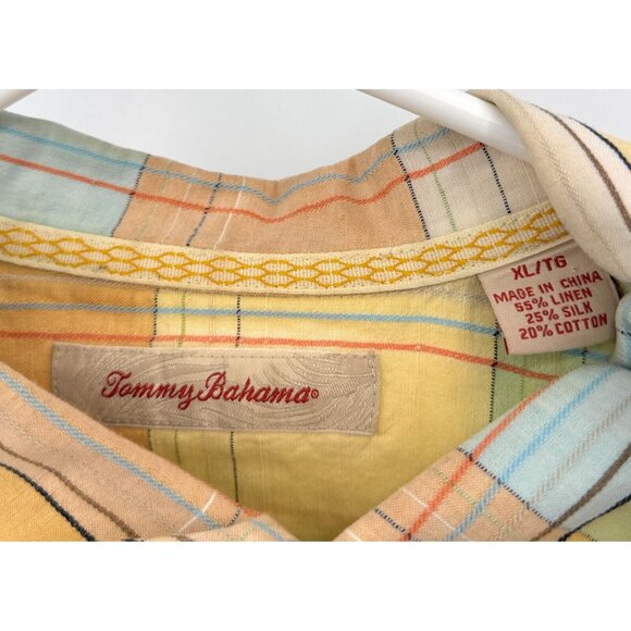 Tommy Bahama Button Up Shirt Mens XL Yellow Plaid Short Sleeve Linen Casual - Picture 2 of 4